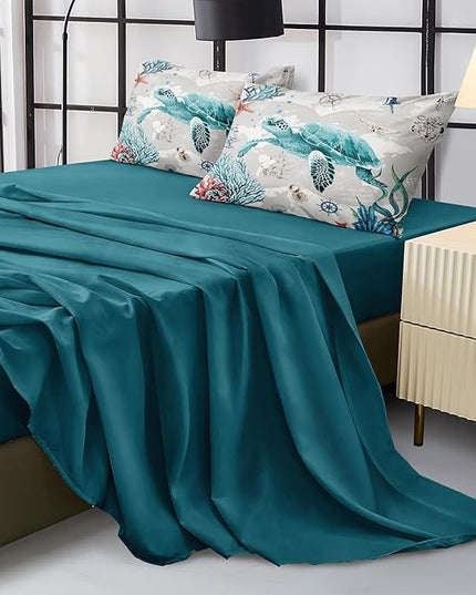 Bedbay 8 Pieces Nautical Comforter Retro Turtle California King Comforter Set with Sheets Ocean Turtle Bedding Bed in a Bag Coastal Bedding Comforter Cal King Bed Set Ocean