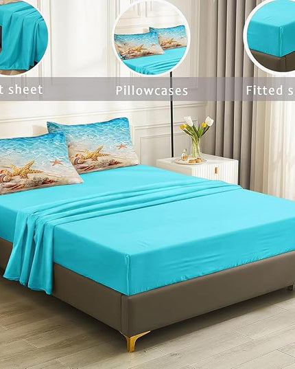 Bedbay Beach Comforter Sets Calfornia King Size 8 Pcs Beachy Bedding Set Turquoise Comforter Set with Sheets Beach Themed Bedding Ultra Soft Bed in a Bag Calfornia King for All Season(Teal,Cal-King)