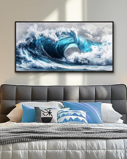 PHAOHUAXM Large Canvas Wall Art For Living Room Wall Decor For Bedroom Ocean Inspiration Wall Pictures Office Mural Decorations Posters Blue Wave Paintings Modern Home Decor Black Framed 24x48 In
