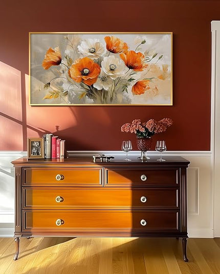 Extra Large Gold Framed Floral Wall Art for Living Room, Orange and White Flowers Canvas Artwork for Walls, Modern Elegant Watercolor Painting Picture Prints for Bedroom Hallway Office, 30x60 Inch