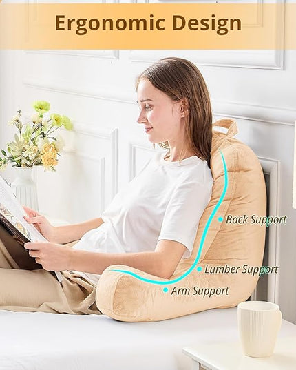 Sasttie Reading Pillow, Velvet Back Pillow for Bed Sitting Up, Adult Back-Rest Support Cushion with Arms for Sit Up on Couch, Sofa, and Floor, Dorm Essentials, Reading Accessories, Camel