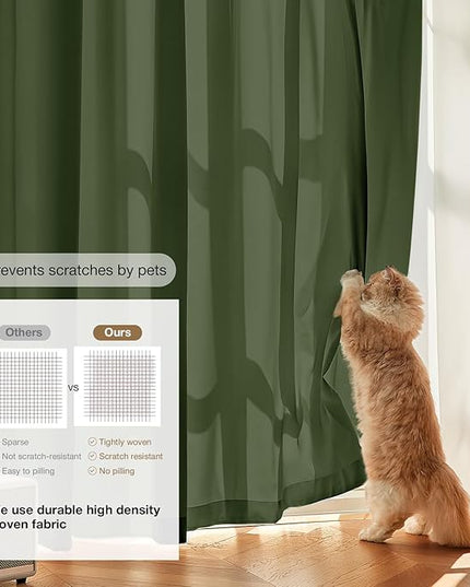 Anmao Non-See-Through Olive Green Privacy Semi Sheer Curtains for Living Room 96 Inch Length 2 Panels Set, Light Filtering That Let Light in Rod Pocket Window Drapes for Bedroom, 52W x 96L, Dark Green