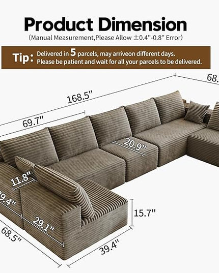 168.5" Modular Sectional Sofa, Oversized U-Shaped Minimalist Couches with 3 Middle Seats Chaise, Modern Deep Seat Convertible Sleeper Sofa, Cloud Plush Corduroy Fabric,7 Seater, Camel