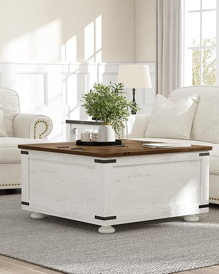 Farmhouse Coffee Table with Storage, White Square Center Table with Hidden Storage Organizer for Living Room, Center Table with Hinged Flip-Top Lids