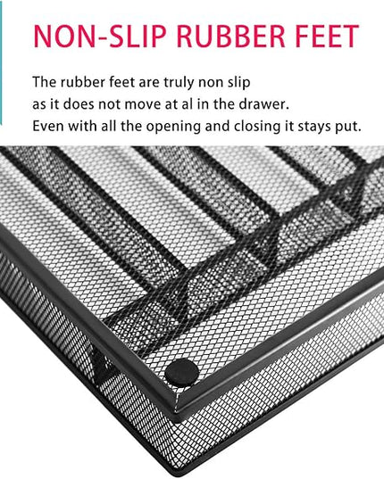 JANE EYRE Utensil Drawer Organizer, Cutlery Tray Silverware Flatware Storage Divider for Kitchen, Mesh Wire with Non-slip Foam Feet, 5 Component, Black