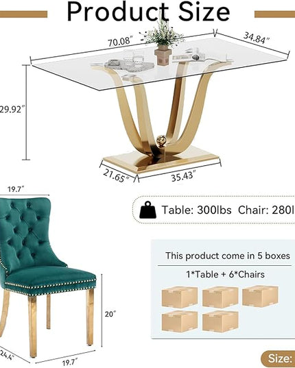 70" Modern Gold Glass Dining Table Set for 6, 7-Piece Rectangle Kitchen Dining Room Table Set with Steel Base & 6 Green Velvet Upholstered Chairs, Modern Glass Kitchen Table and Chairs Set of 6