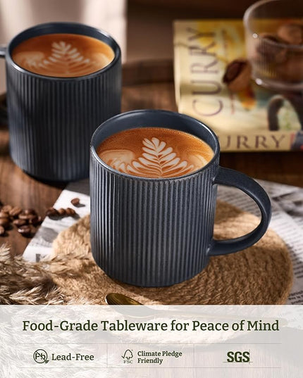 famiware Coffee Mug Set for 4, Star 16 oz Catering Mugs Cup Set with Handle for Coffee, Tea, Cocoa, Milk - Ceramic Stoneware Drinkware Set, Matte Dark Charcoal