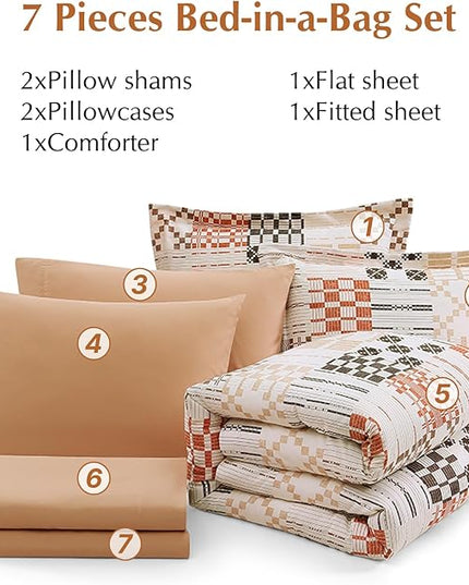 MaiRêve Queen Comforter Set, Classic Plaid Farmhouse Bedding Sets 7 Pieces, Beige All Season Bed in A Bag with Sheets, Pillowcases & Shams