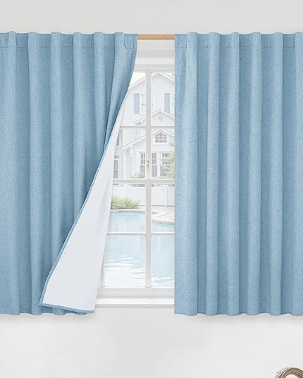 LAMIT Stone Blue 100% Blackout Window Curtains for Boy Bedroom, 45 Inches Linen Textured Thermal Farmhouse Curtains Back Tab and Rod Pocket Window Panels with White Liner, 2 Panels, 52 x 45 Inch