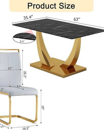 63” Dining Room Table Set for 4,Modern Gold Dining Table Set for 4 PU Leather Chairs,Black Faux Marble Dinner Table Set with Tempered Glass Top and Golden Base