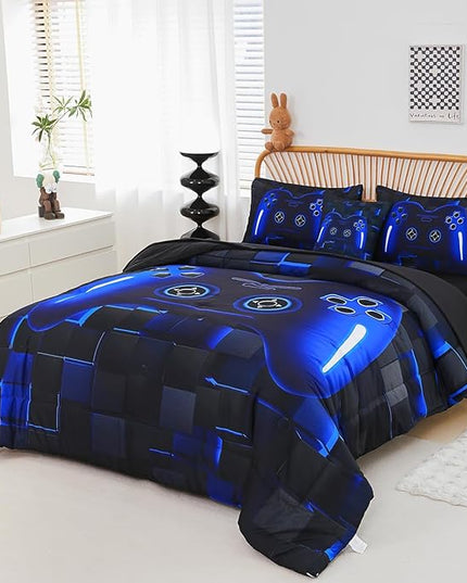 PERFEMET Twin Size Bed in A Bag 6 Pieces Gaming Bedding Set for Boys Blue Gamer Comforter with Sheet Set for Kids Teen Cool Video Game Black Quilt Bedding Set(Blue, Twin)