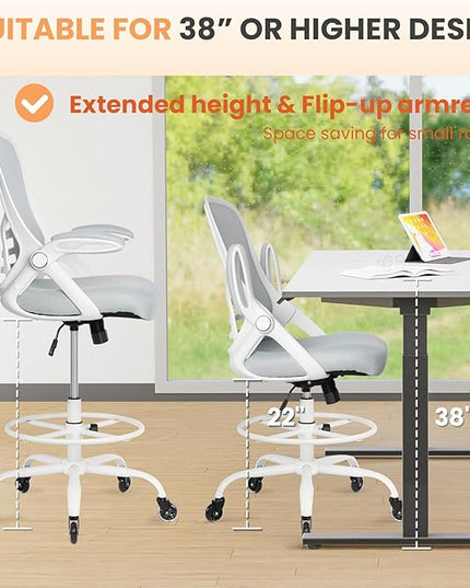 HYLONE Drafting Chair Tall Office, Ergonomic Standing Desk Stool Adjustable Drafting Chair Big Tall Drafting Office Chair White