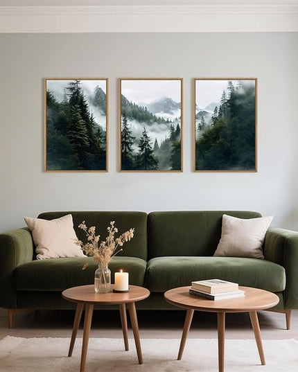 HOURIA Boho Forest Mountain Framed Canvas Wall Art Set,Nature Foggy Woodland Ridge Wall Decor,Misty Pine Tree Artwork,Sage Green Botanical Art Prints for Living Room, Bedroom, Farmhouse-16 x24 x3