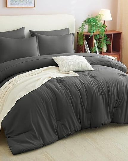 CozyLux King Size Comforter Set Dark Grey, 7 Pieces Bed in a Bag King Comforter Set with Sheets, Bedding Set with Down Alternative Comforter, Fitted Sheets, Flat Sheets, Pillow Shams and Pillowcases