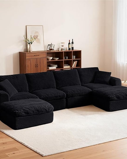 138” Modular Sectional Sofa Couches U Shaped Couch 4 Seater Cloud Sofa Memory Foam Sectional Couches for Living Room, Boneless Couch with Ottoman, Corduroy, Black