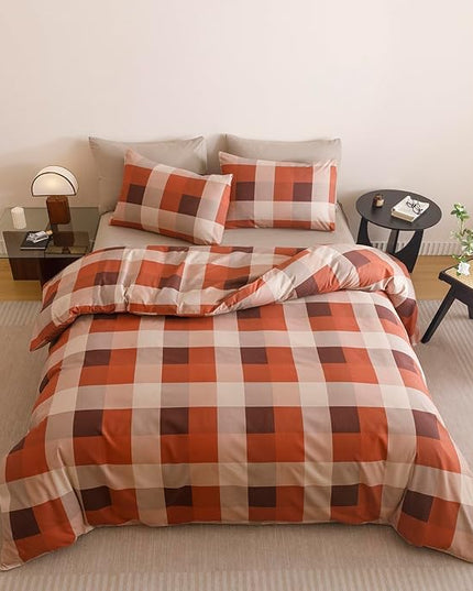 CLOTHKNOW Rust Plaid Twin/Twin XL Comforter Set 3Pcs Buffalo Check Bedding Comforter Sets Plaid Comforter Soft Lightweight Fluffy