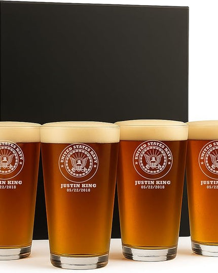 Personalized Military Gift Sets - Custom Engraved Decanter & 4 Scotch Glasses - Army, Navy, Air Force, Coast Guard - Active Duty & Veterans (Pint Glass Set)