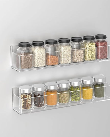 PMMASTO Adhesive Acrylic Spice Rack Organizer for Wall with Nano Double Sided Tape, Spice Shelf Organization for Kitchen Cabinet Door/Pantry Door, Wall Mount Seasoning Rack (Clear-2 Pack)