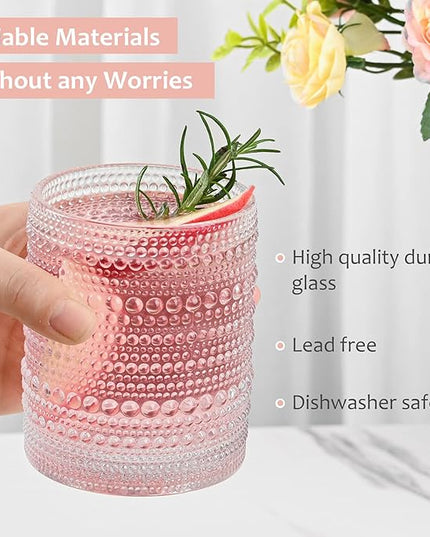 Vintage Glassware Drinking Glasses Set of 6,12 oz Hobnail Glass Cups,Embossed Clear Water Tumbler,for Beer,Cocktail,Whiskey,Juice and Various Mixed Drinks- 1 Cleaning Brush