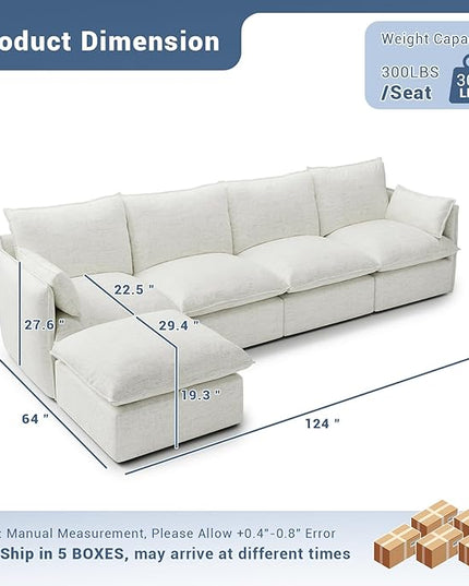 124" Cloud Modular Sectional Sofa, Waterproof Down Filled Sectional Couch, High Backrest L Shaped 4 Seater Couch with Ottoman, Modern Modular Sofas with Removable Cover, Cream White