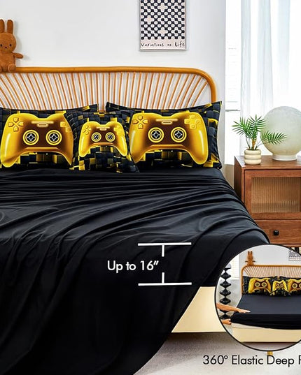 PERFEMET 6 Pieces Queen Bed in A Bag Gamer Black and Gold Boys Comforter Set with Sheets Soft Fluffy 3D Cool Video Game Kids Bedding Set for Teen Girls(Gold, Queen)