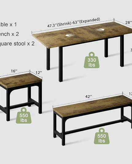 Feonase 5-Piece Dining Table for 4-8 People, 63" Extendable Kitchen Table Set with 2 Benches & 2 Square Stools, Dining Room Table with MDF Wood Board, Easy Clean, Rustic Brown