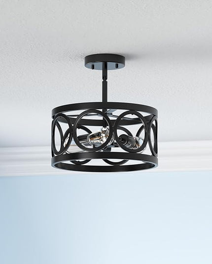 Farmhouse Semi Flush Mount Ceiling Light,3-Light Industry Black Sloped Ceiling Light Fixtures D13 Inches Drum Metal Light Fixture for Entryway Foyer Hallway Kitchen Dining Room
