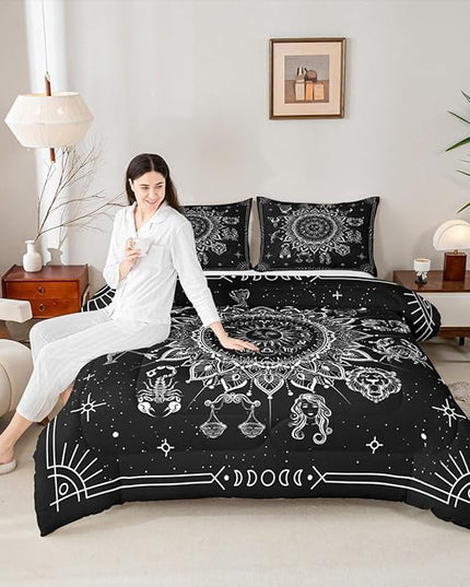 Sun and Moon Kids Comforter Set King Size,Starry Sky Galaxy Planet Trippy Bedding Set,Boys Girls Adults Room Decor,12 Constellation Datura Boho Down Comforter,Black White Duvet Insert,2 Pillowcases