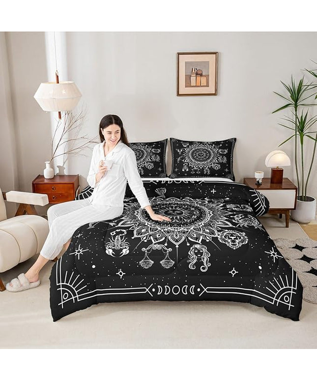 Sun and Moon Kids Comforter Set Twin Size,Starry Sky Galaxy Planet Trippy Bedding Set,Boys Girls Adults Room Decor,12 Constellation Datura Boho Down Comforter,Black White Duvet Insert,1 Pillowcase