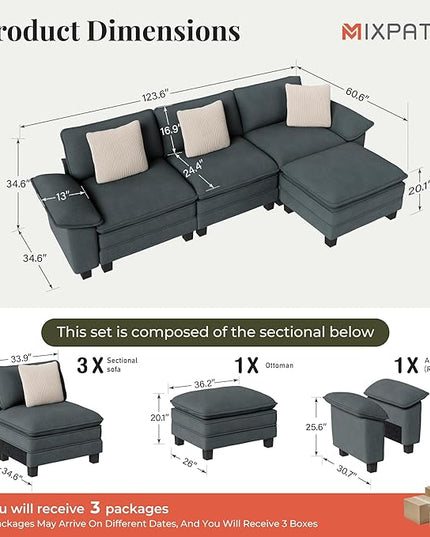 123-Inch L Shaped Sectional Sofa with Cloud Cushions, Deep Seat Modular Couch Set w/ 4 Seats & 1 Ottomans, Removable Arms, Plush Chenille Upholstery for Living Room, Apartment - Cyan