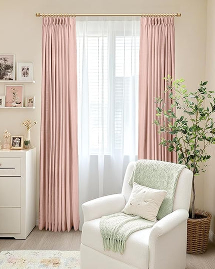 100% Blackout Shield Linen Look Textured Pinch Pleated Curtains Blackout Drapes 84 Inch Long 2 Panels Set, Faux Linen Blackout Curtains for Bedroom & Living Room, 40" W x 84" L, Blush Pink