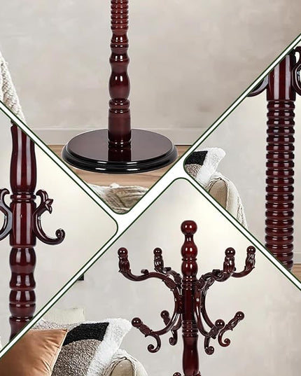 73" Wooden Coat Rack Stand,Coat Racks Freestanding With 14 Hooks And Solid Round Base Heavy Duty Adjustable Height Hall Tree Coat Rack for Entryway Hallway Foyer Office Bedroomf (Red sandalwood)