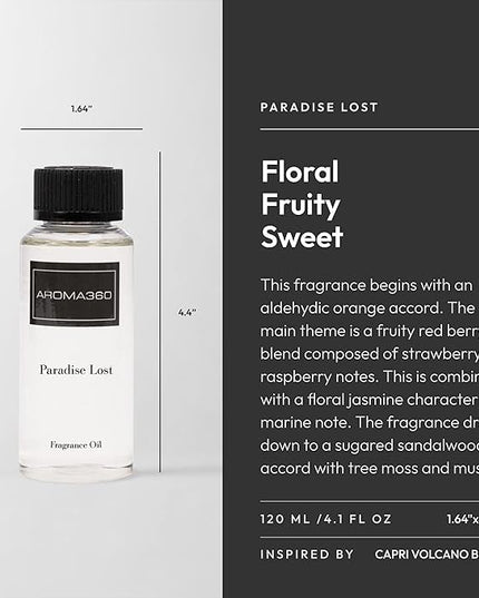 Aroma360 Diffuser Oil - Paradise Lost - Aromatherapy Essential Fragrance Oil - Orange, Raspberry & Marine -120ML 4.1 Fl oz