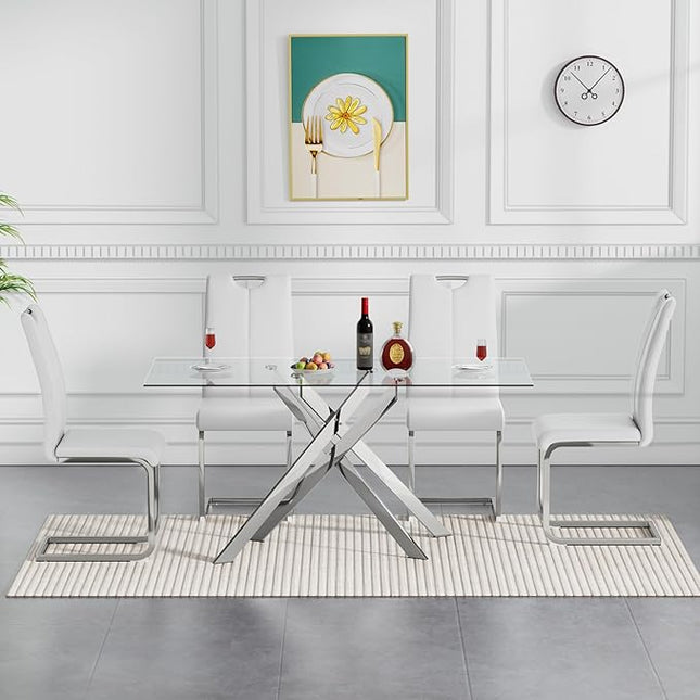 HomVent 5 Pieces Rectangular Glass Dining Table Table Set, Glass Kitchen Table Set for 4 with 4 PU Dining Chairs for Kitchen Dining Room