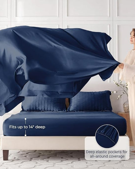 MUXHOMO 7 Pieces Queen Comforter Set, Seersucker Bed in a Bag Queen Size, All Season Luxury Bedding Set with Comforter, Flat Sheet, Fitted Sheet, Pillowcases & Shams, Navy Blue