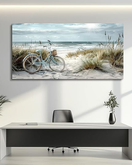 FUHAIHUA Wall Art For Living Room Canvas Decor For Bedroom Modern Office Decorations Blue Beach Bicycle Seascape Paintings Ocean Landscape Pictures Artwork Ready To Hang Home Decor