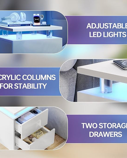 3-Piece Modern Living Room Table Set, Includes LED Coffee Table and End Tables Set of 2 with Storage Drawers, White