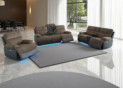 Power Recliner Sofa Set with LED Light, 3-Piece Fabric Reclining Sectional Couches, Living Room Furniture Sets, Reclining Sofa with Cup Holders/Storage Console for House(Brown Grey)