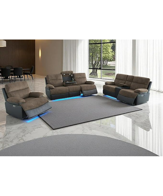 Power Recliner Sofa Set with LED Light, 3-Piece Fabric Reclining Sectional Couches, Living Room Furniture Sets, Reclining Sofa with Cup Holders/Storage Console for House(Brown Grey)
