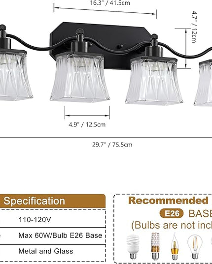 Bathroom Vanity Light Fixtures, 4-Light Vintage Matte Black Vanity Lights with Crystal Glass Shades, Farmhouse Bathroom Lighting Fixtures Over Mirror for Bathroom Bedroom Hallway