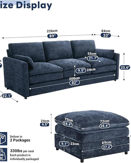 Tbfit Living Room Furniture Set, Standard Sofa & Ottoman, Modern Comfy Cloud Sofa Set, Spring Seat Cushions, Chenille, Blue