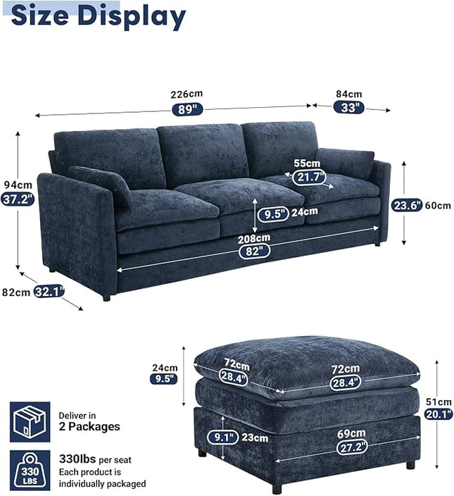 Tbfit Living Room Furniture Set, Standard Sofa & Ottoman, Modern Comfy Cloud Sofa Set, Spring Seat Cushions, Chenille, Blue