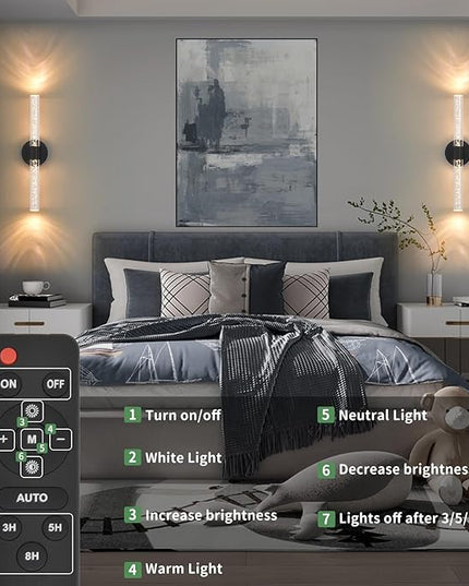 Battery Operated Wall Sconces Set of 2, Black 20'' Rechargeable Crystal Bubble Wall Sconce with Remote Control, 3000K-6000K Dimmable LED Wireless Wall Lights for Living Room Bedroom Bathroom Hallway