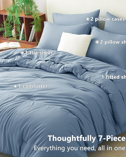 CozyLux Full Comforter Set Grayish Blue, 7 Pieces Bed in a Bag Bedding Comforter Set with Sheets, All Season Boho 7PC Bed Sets with Comforter, Fitted Sheets, Flat Sheets, Pillow Shams and Pillowcases