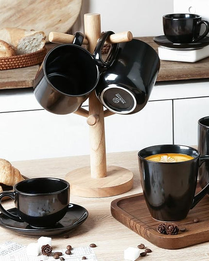 vicrays Ceramic Coffee Mug Set - 18 Ounce Large Stoneware Mug for Men Women - Unique Glazed Porcelain Mugs with Handle for Coffee Latte Tea Milk Cocoa - Set of 4 (Black)