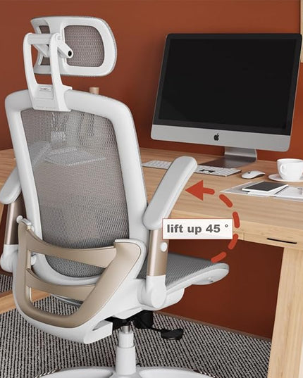 GABRYLLY Ergonomic Office Chair, High Back Home Desk Chair with Headrest, Flip-Up Arms, 90-120° Tilt Lock and Wide Cushion, Big and Tall Mesh Chairs for Man Woman, White Task Chair