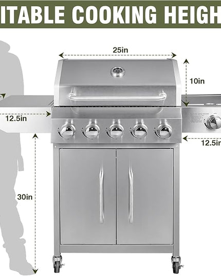 BESTFIRE 68,000 BTU 5+1 Burner Propane Grill - Stainless Steel BBQ with 647 sq in UPGRADED OIL-DRAIN Plates, Cast Iron Grates, Side Burner + FREE Food Clip for Outdoor Cooking