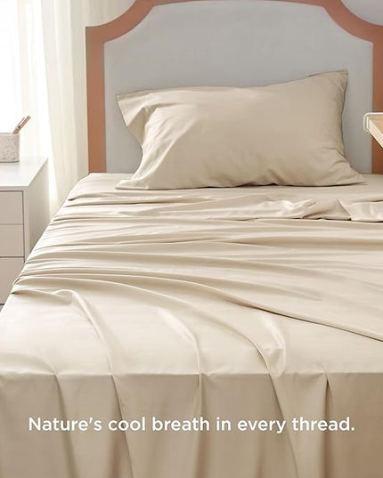 Bedsure Cooling Sheets Twin XL, Rayon Derived from Bamboo, Breathable & Soft Twin XL Sheet Sets, Deep Pocket Up to 16 Inches, Hotel Luxury Silky Dorm Bedding for Hot Sleepers, Beige