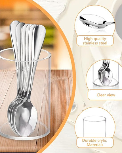 6 Pcs Mini Coffee Spoons with Holder 4.7 inch Demitasse Espresso Stainless Steel Spoons Silver with Acrylic Cylinder Holder for Coffee Bar Home Tea Party (6)