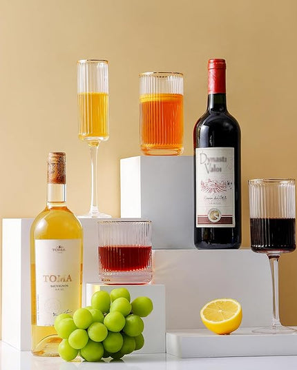 Lysenn Vintage Glassware Set - Ribbed & Fluted Wine, Champagne, Whiskey & Highball Glasses for Wedding or Party, Set of 4